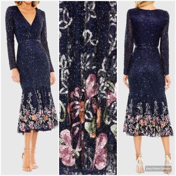 MAC DUGGAL 5589 Womens Blue Faux Wrap Long Sleeve Tea Length Dress - Picture 1 of 13
